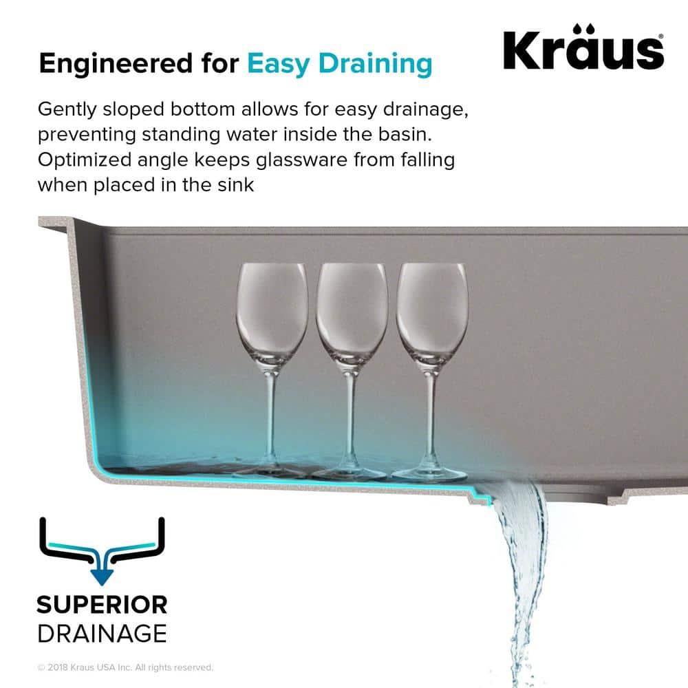 Kraus Quarza 25 Dual Mount Single Bowl Granite Kitchen Sink and Strainer in Grey