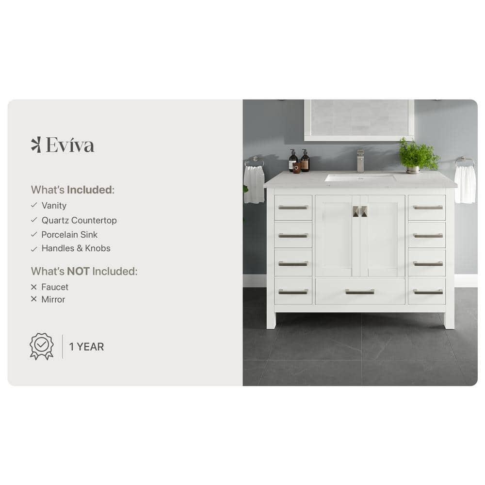 Eviva London 42"W x 18"D White Bathroom Vanity with White Carrara Quartz Countertop and Undermount Porcelain Sink