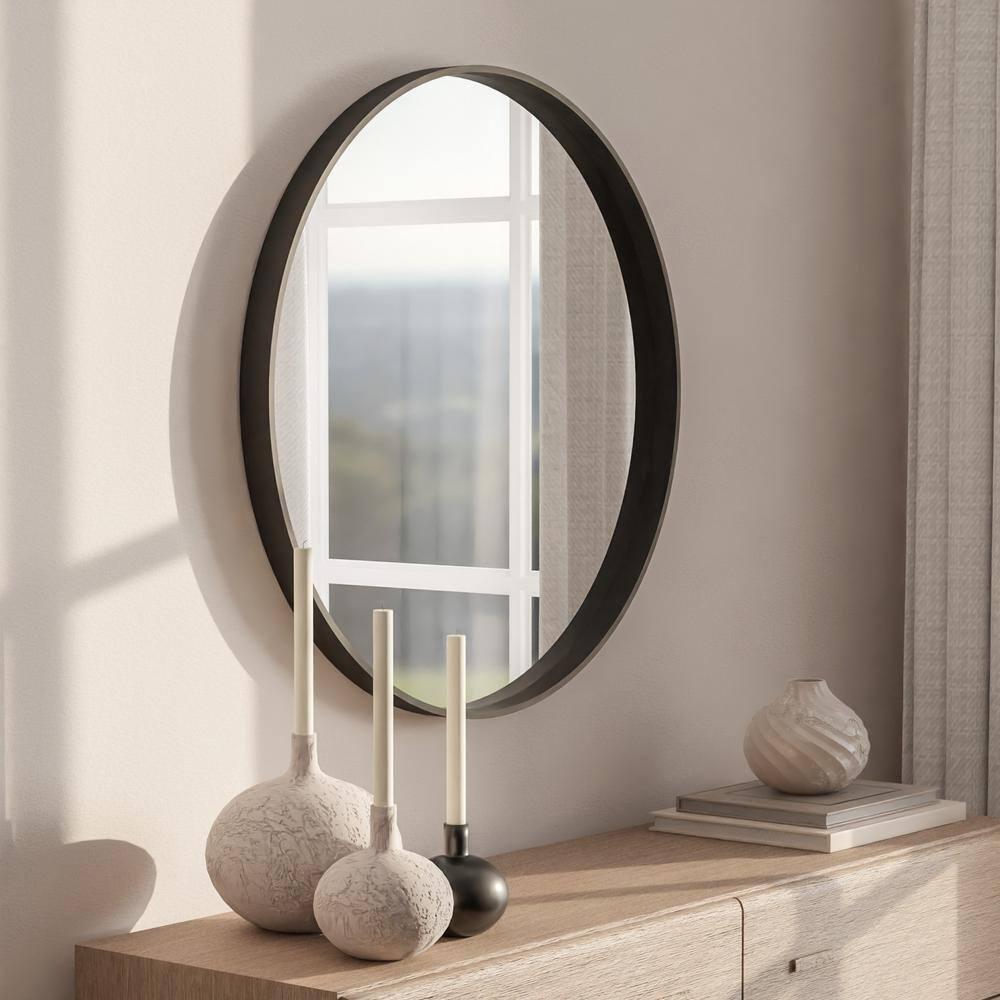 WallBeyond Classic Wooden Frame Farmhouse Round Wall Mirror Satin Black 24 inches Black