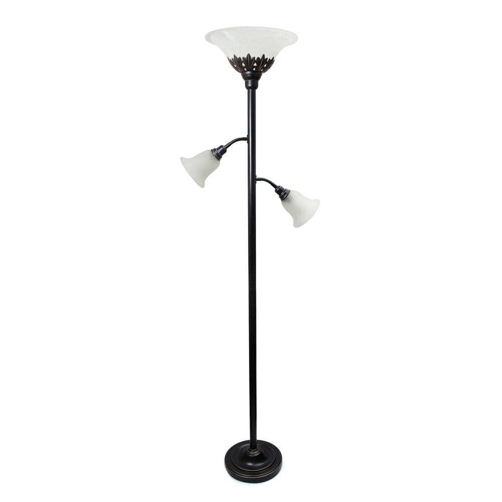 Torchiere Floor Lamp with 2 Reading Lights and Scalloped Glass Shades Bronze/White - Lalia Home: Adjustable, UL Listed, Metal Body