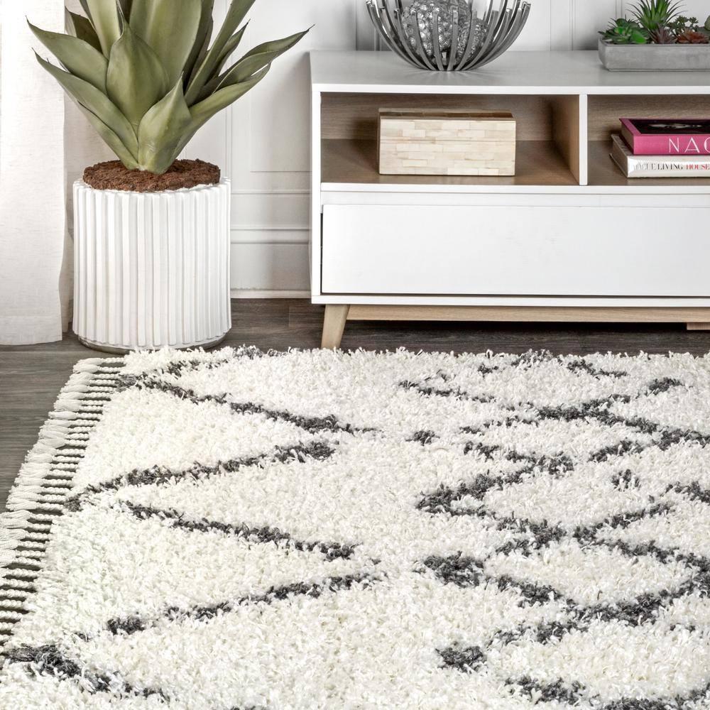 8'x10' Mercer Shag Plush Tassel Moroccan Geometric Trellis Area Rug, Cream/Grey - JONATHAN Y
