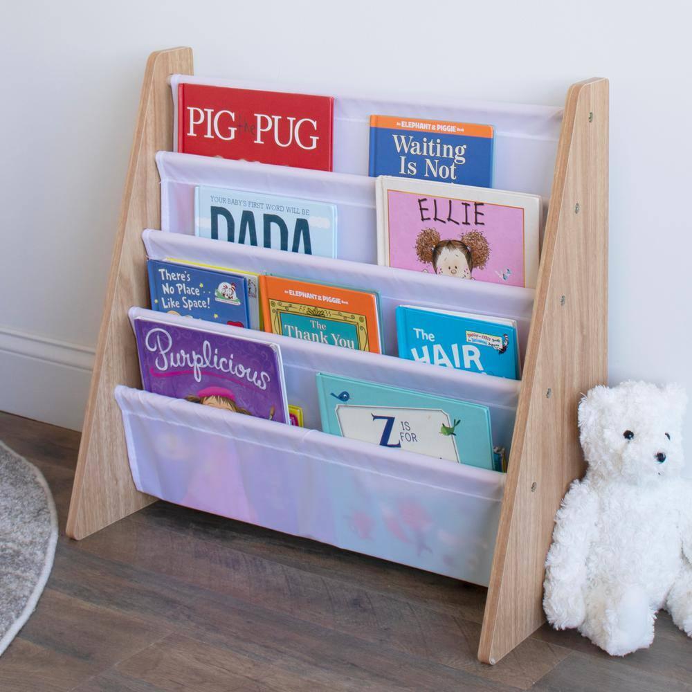 Humble Crew 4-Tier Kids Bookshelf, Natural Wood/White - Premium Book Shelf for Kids Rooms with Four Deep Pockets - Toddler Sling Book Rack with Deep Sleeves, Nursery Bookcase Organizer