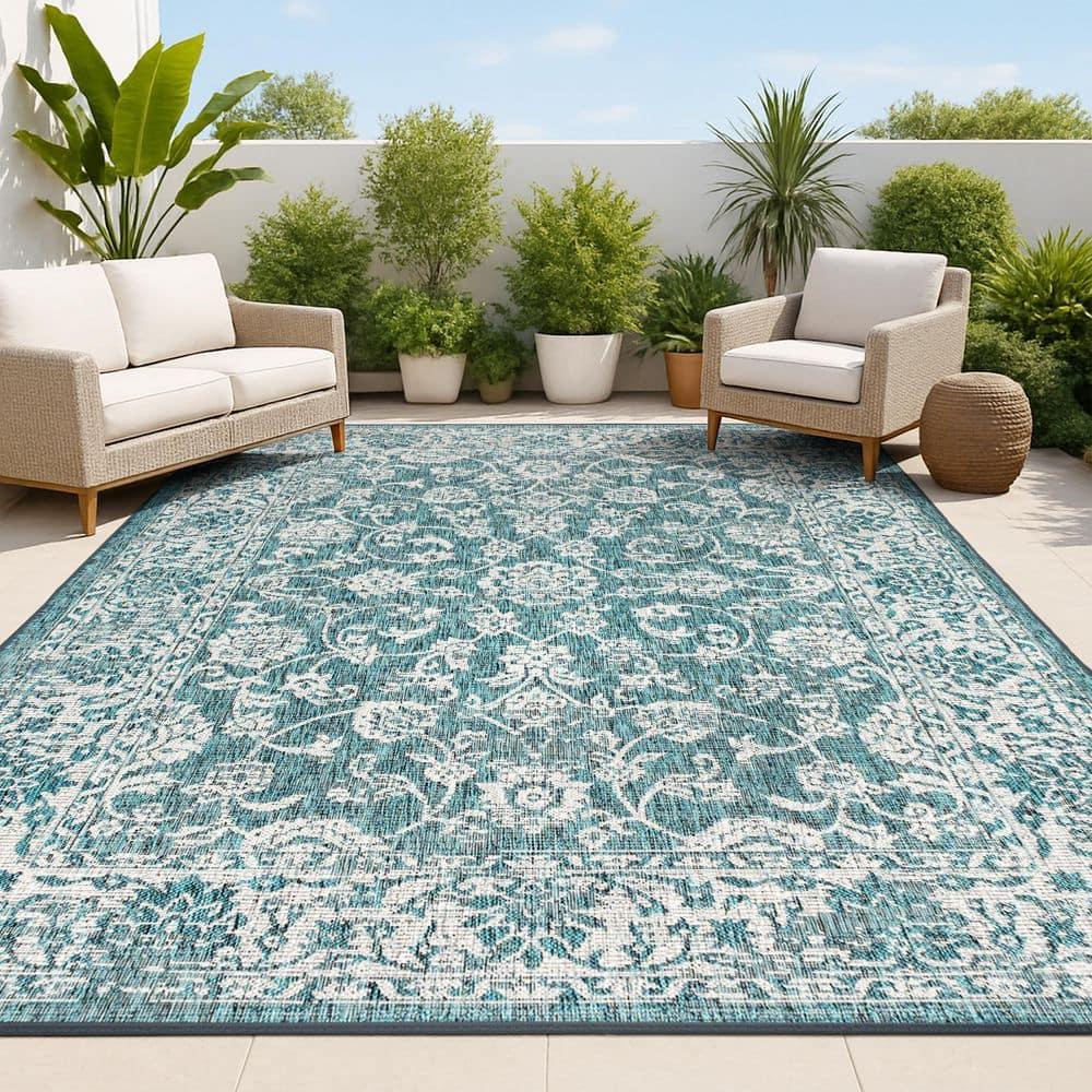 4'x6' Tela Bohemian Textured Weave Floral Indoor/Outdoor Area Rug, Teal/Gray - JONATHAN Y