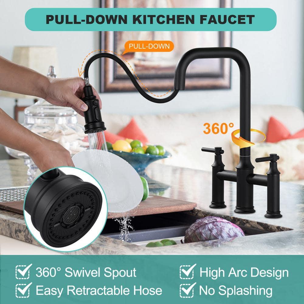 WOWOW 2318901B Bridge-Style Kitchen Faucet With Dual Handles And A Pull-Down Spray Head, Designed For Installation On A 3-Hole Kitchen Sink