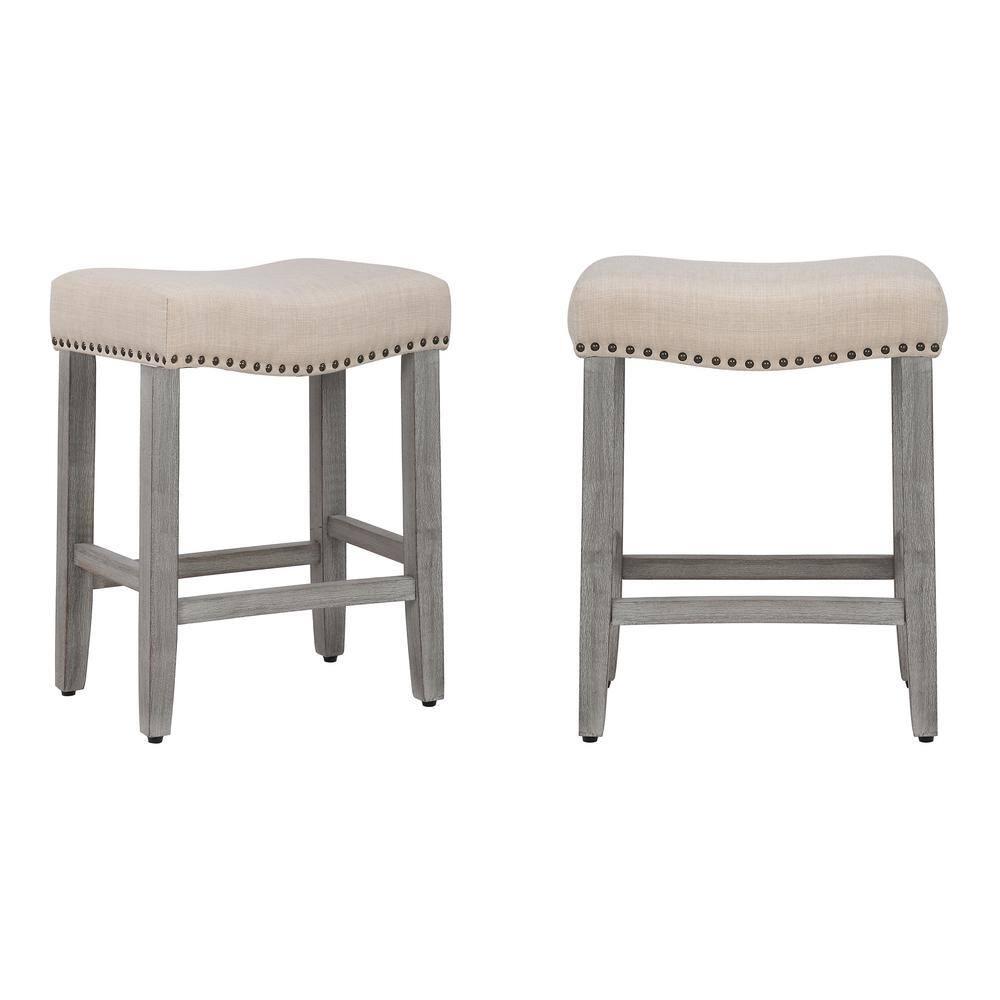 Polytrends Jameson Upholstered Polyester Gray 24 Inch Counter Stool (Set Of 2) Antique Gray/Beige Metal Foam Upholstered Foam Cabin & Lodge