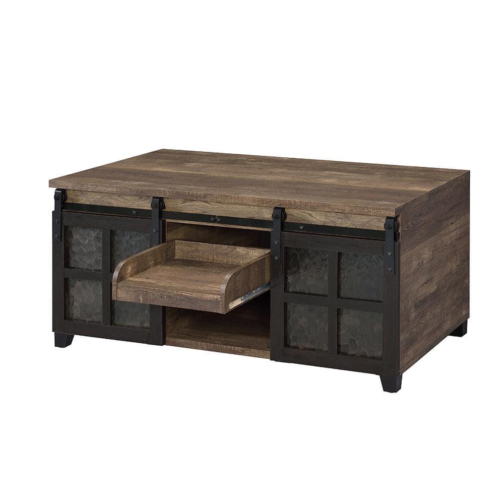 DremFaryoyo Nineel Coffee Table  Obscure Glass  Rustic Oak & Black Finish 87955