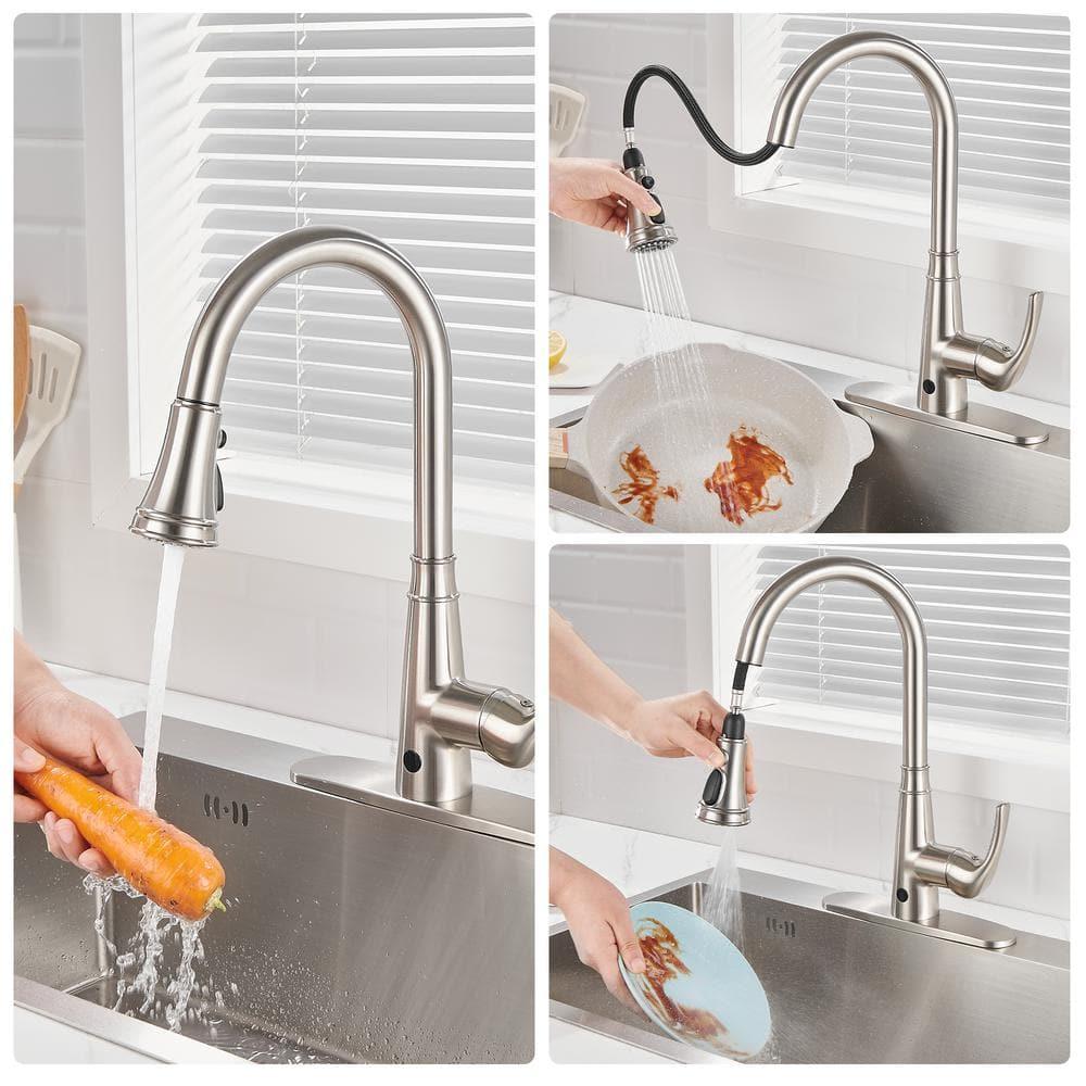 Touchless Gooseneck Single Handle Pull Down Sprayer Kitchen Faucet with Deckplate Pull Out Sink Faucet in Brushed Nickel