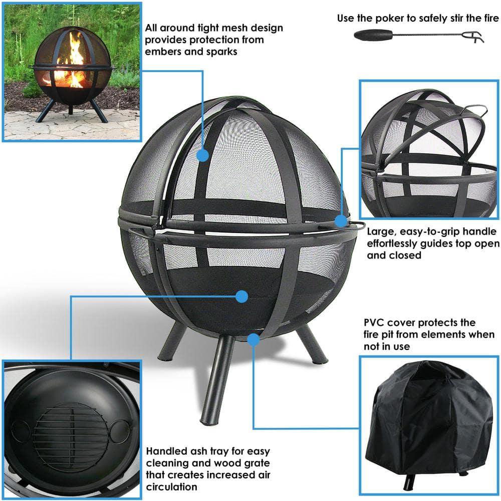 Sunnydaze Outdoor Portable Camping or Backyard Flaming Sphere Ball Fire Pit with Built-In Spark Screen - 30" - Black