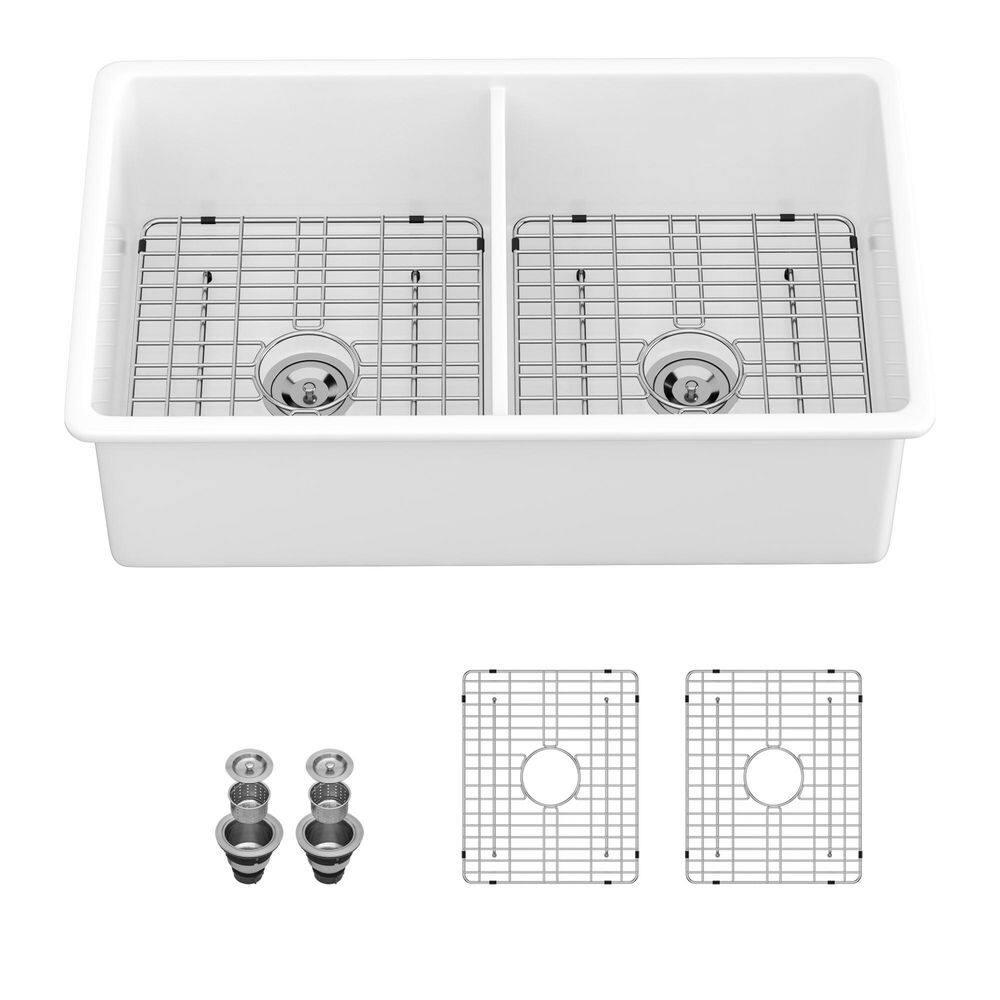 Sarlai 32'' L x 19" W White Ceramic 50/50 Double Basin Drop-In/Undermount Kitchen Sink with Sink Grids S-CSU3219-55