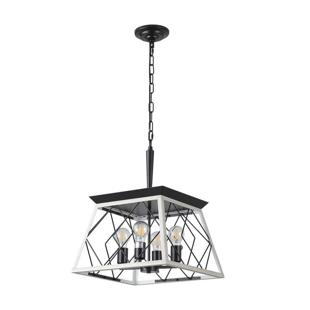 White and Black Metal Cage Square Pendant Chandelier