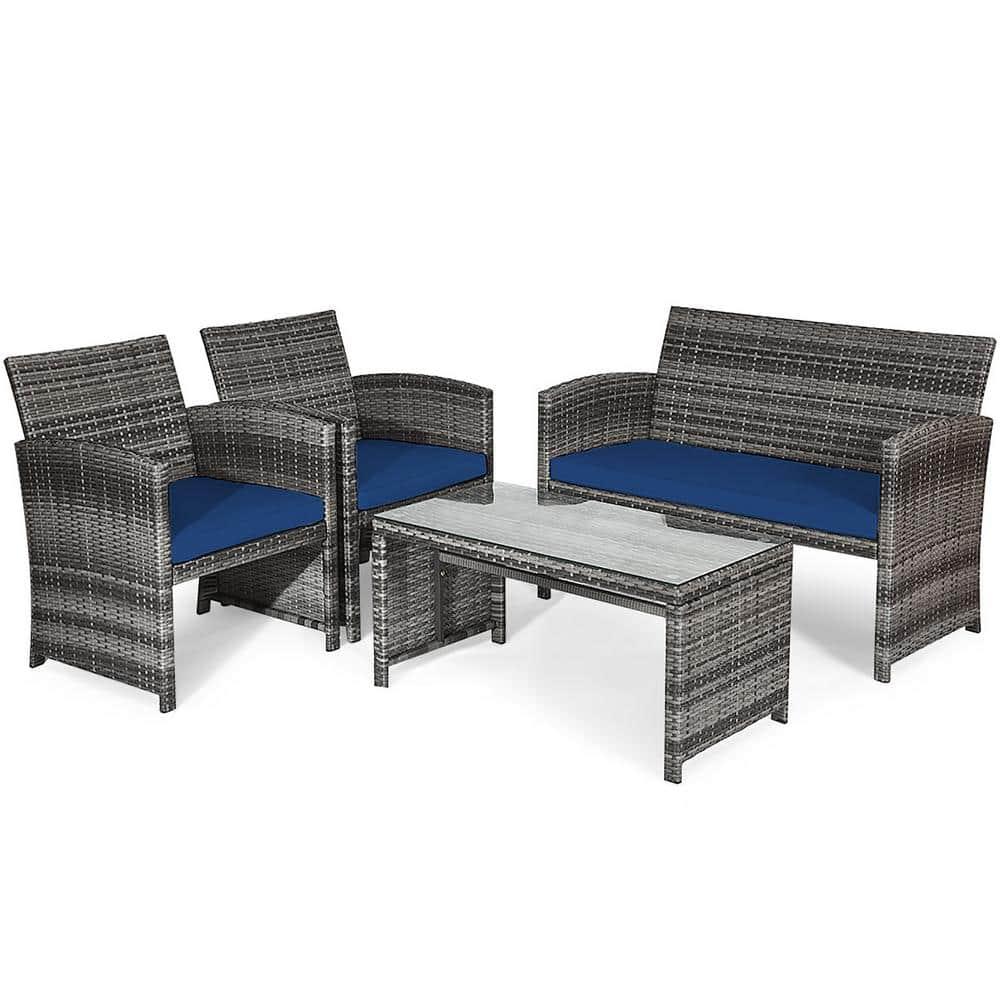 Resenkos 4 Pieces Outdoor Rattan Furniture Set, Wicker Furniture Sets, Patio Conversation Sets with Coffee Table Cushioned Sofa-Red