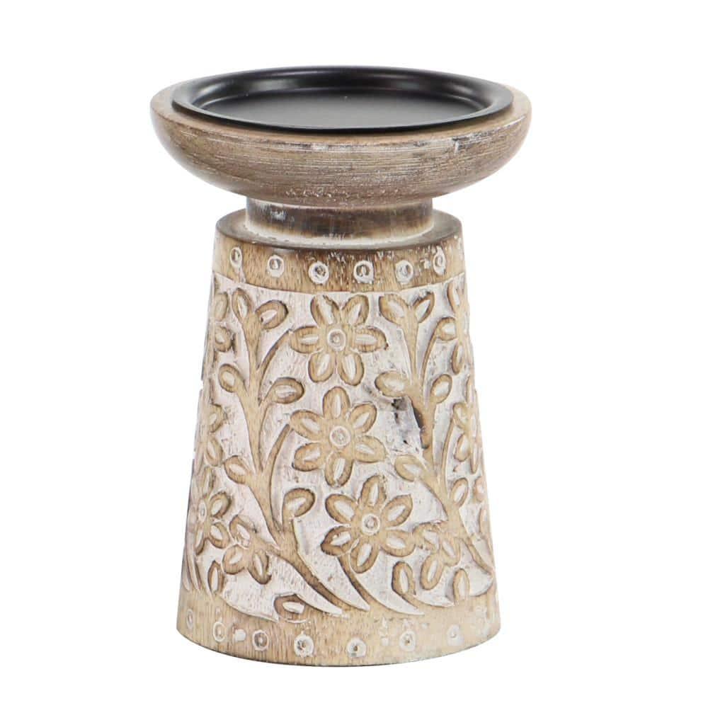 Gracie Oaks Mango Wood Floral Handmade Decorative Candle Holder Carved Pillar Candle Stand With Cream Accents, Set Of 3 Candlestick Holder 6", 8", 10"H, Brown