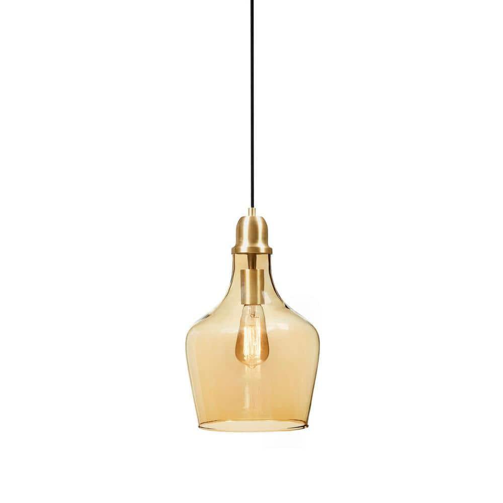 Hampton Hill Auburn Pendant Kitchen Lighting for Dining Room, Industrial Kitchen Lights, Hand-Blown Glass Bell Shaped Pendant Light for Kitchen Island, Foyer, Bedroom, 9" Dia x 95.5" H, Gold/Amber