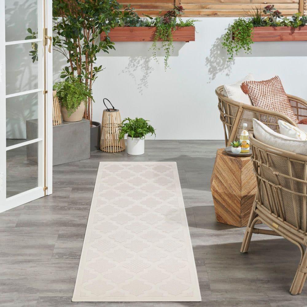 Nourison Trellis Outdoor Runner Rug Ivory White 2' x 6'