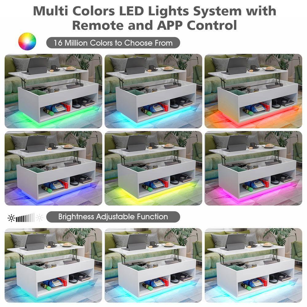 40" Modern Lift Top Coffee Table with Hidden Compartment White Coffee Table with LED Lights High Gloss Cocktail End Table with Open Shelf