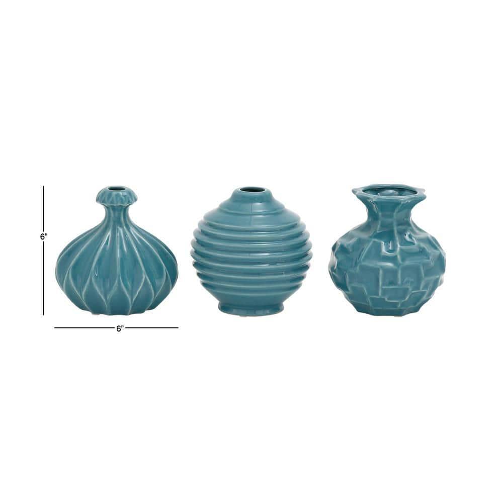 DecMode 6"W, 6"H Blue Ceramic Vase with Varying Patterns, Set of 3