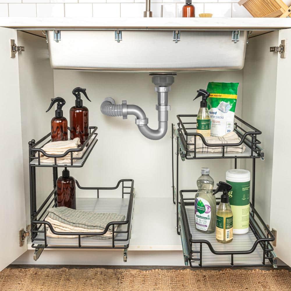 Glidez Multipurpose Paint-Finished Steel Pull-Out/Slide-Out Storage Organizer with Plastic Liners - 2-Tier Dual-Slide Design - Black