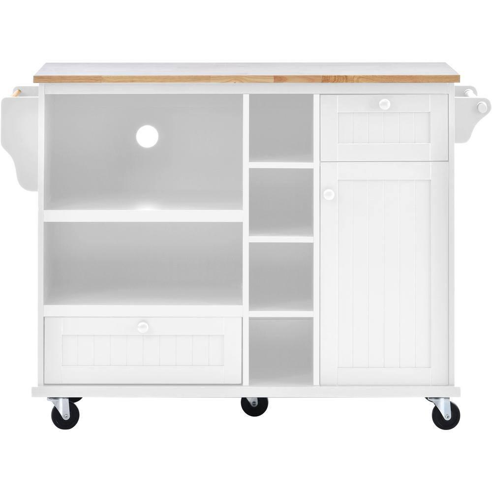 Kitchen Island Cart on Wheels,Mobile Rolling Kitchen Island with Cabinet and 2 Locking Wheels,Solid Wood Desktop,Microwave Cabinet,Floor Standing Buffet Server Sideboard for Kitchen Dining Room,White