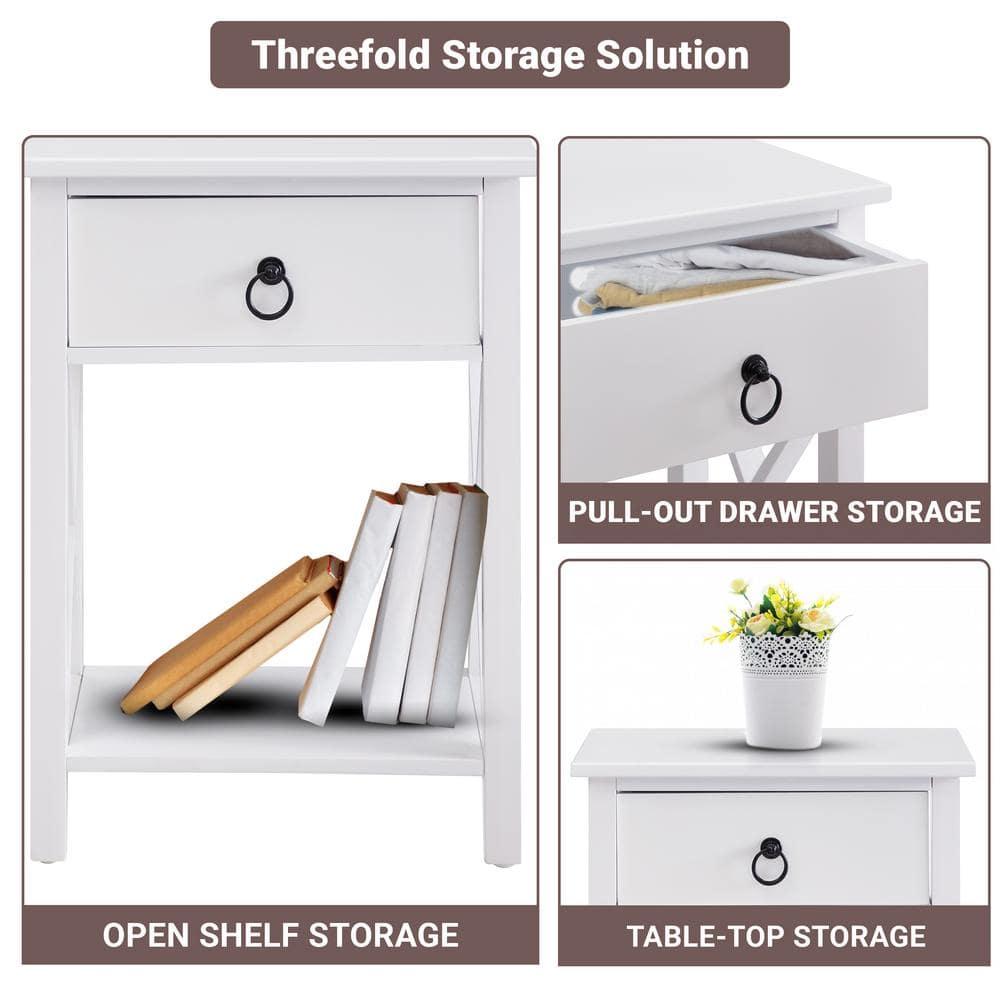 12 in. White Rectangle Wood End Table with Drawer and Shelf Solid Narrow Side Table For Bedrooms Ideal For Small Spaces