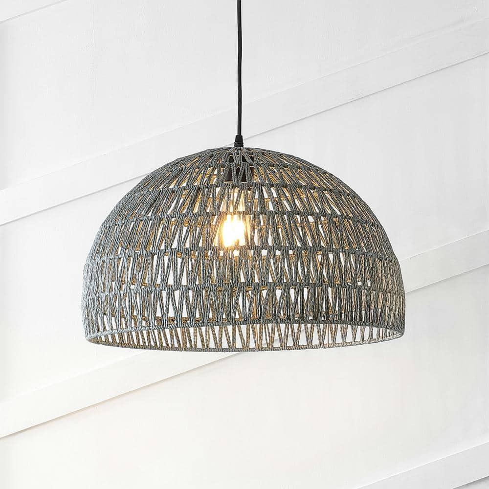 Campana 20" 1-Light Bohemian Modern Woven Rope/Iron LED Pendant, Grey/Black