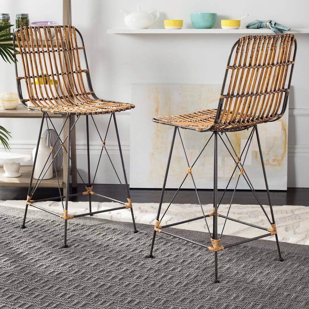 Minerva Wicker Counter Stool (Set of 2)  - WIK6509 - Natural Brown Wash/Black - Safavieh