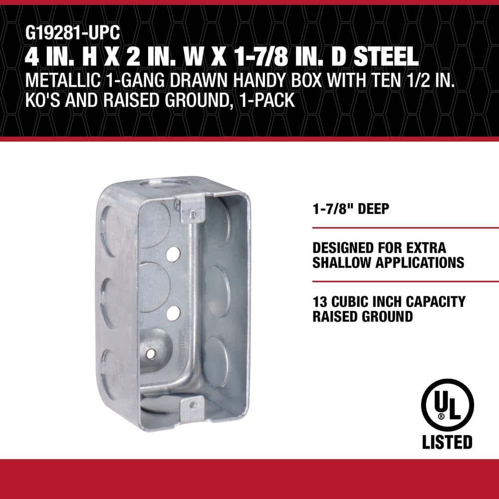Southwire G19281-UPC 4 x 2 x 1.87 in. Steel Metallic 1-Gang Drawn Handy Box with KO & Raised Ground