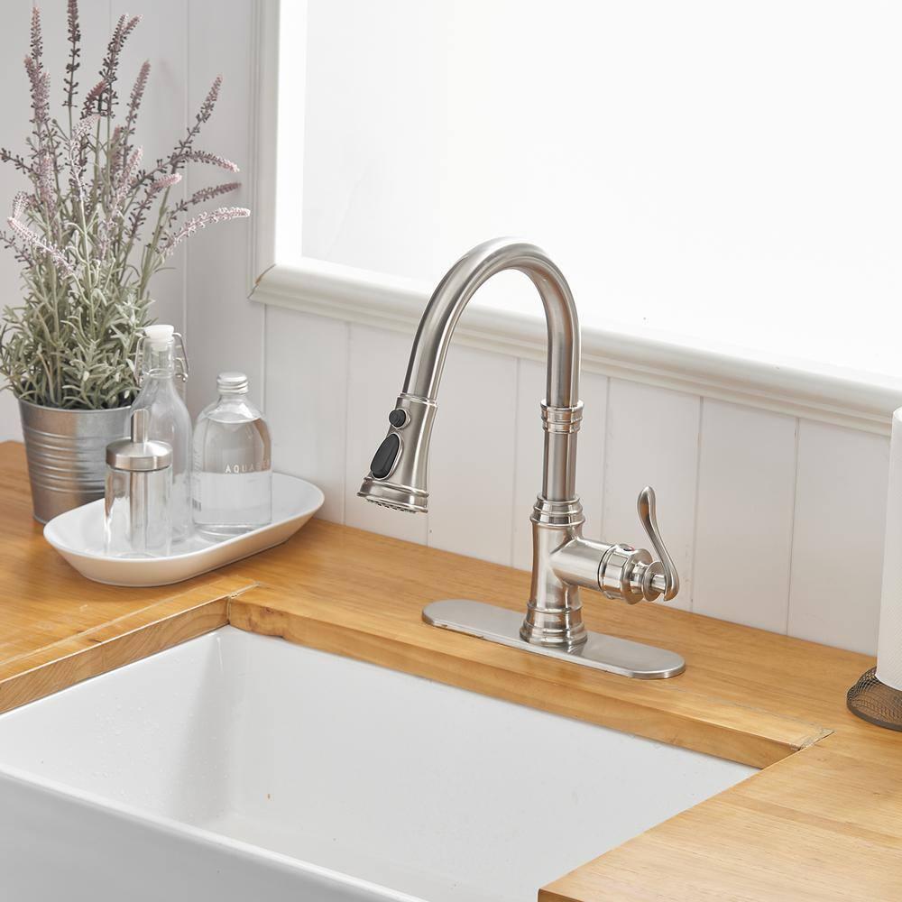 Kitchen Sink Faucet Brushed Nickel with Pull Down Sprayer 3 Mode Faucet for Kitchen Sink Single Handle High Arc Commercial Stainless Steel Pull Out RV Kitchen Faucet Bar,Deck Plate Include