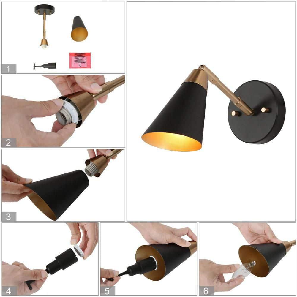 Flumie 1-Light Industrial Black Indoor Wall Sconce Modern Brass Vanity Light Adjustable Head with Cone Metal Shade