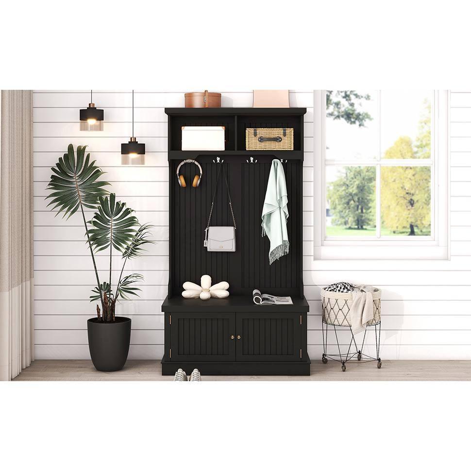 Infinity Hall Tree with Storage Shoe Bench for Entryway and Hallway, 4-in-1 Design Coat Racks with 4 Hooks for Living Room, Black
