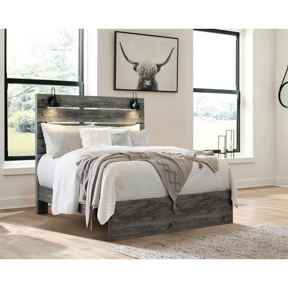 Gray Driftwood Queen Panel Bed with Sconce Lights
