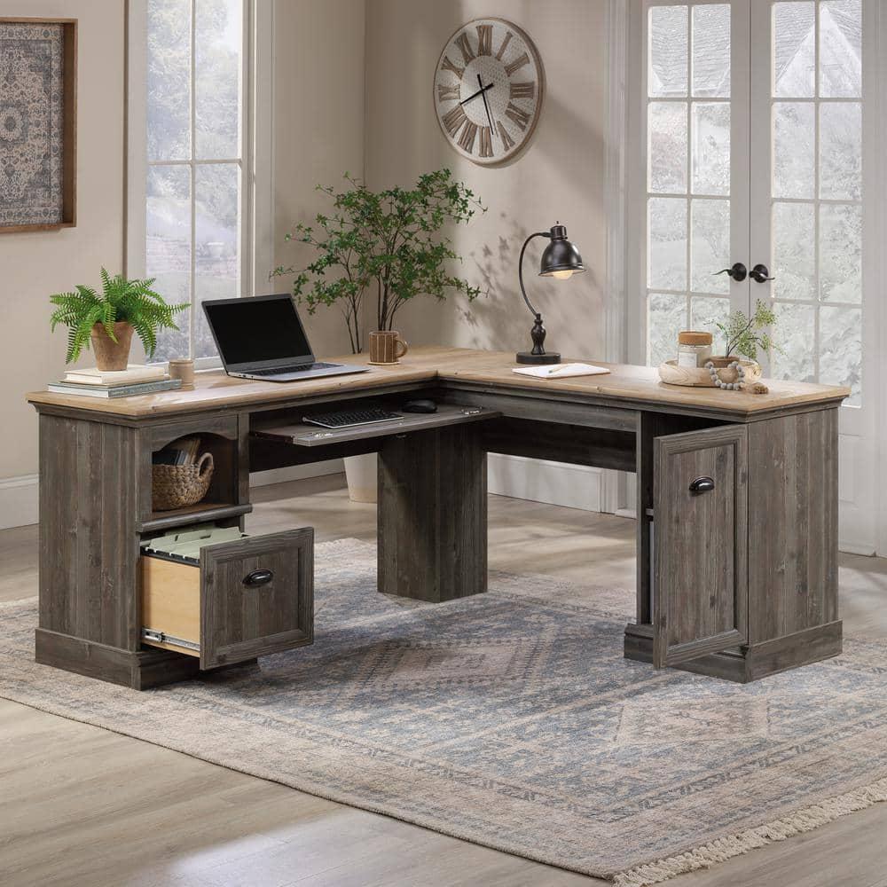 Sauder Sonnet Springs Engineered Wood L-Shaped Desk in Pebble Pine