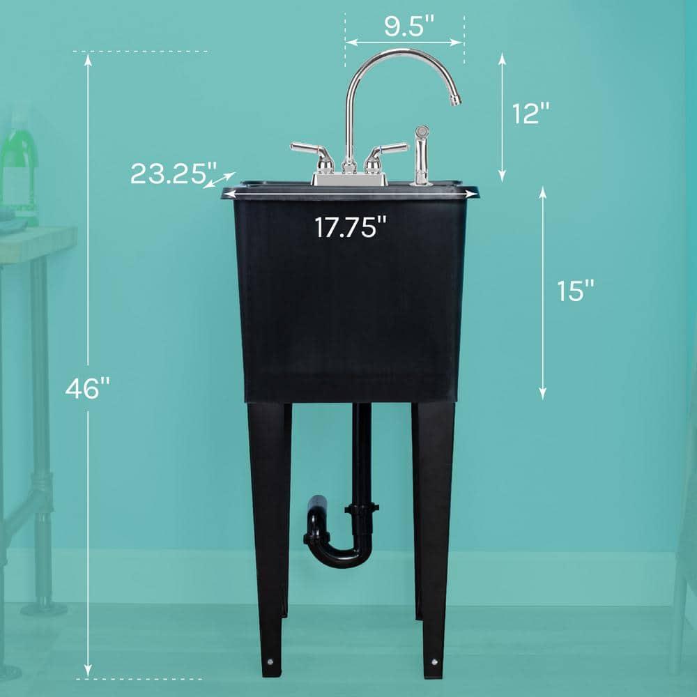 TEHILA Space Saver 16 Gallon Black Utility Sink with Chrome Finish Faucet & Side-Sprayer