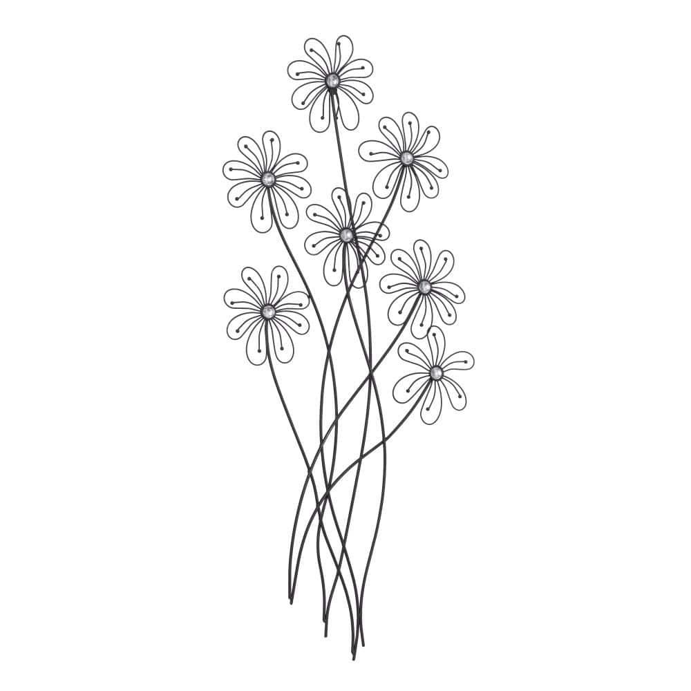 DecMode Black Metal 3D Wire Floral Wall Decor with Crystal Embellishments