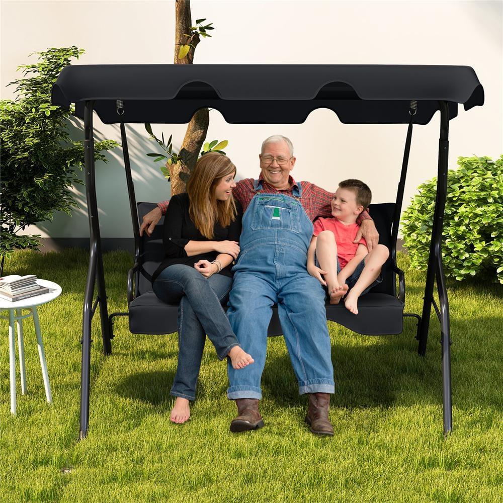 Black Steel Frame 3-Person Patio Swing with Adjustable Canopy