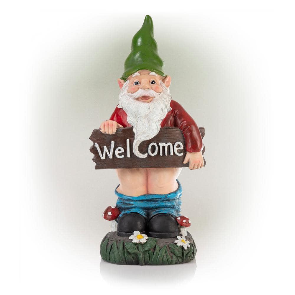 22"H Ceramic Outdoor Sculpture - Alpine Corporation: Garden Gnome with Welcome Sign, Mythical Decor