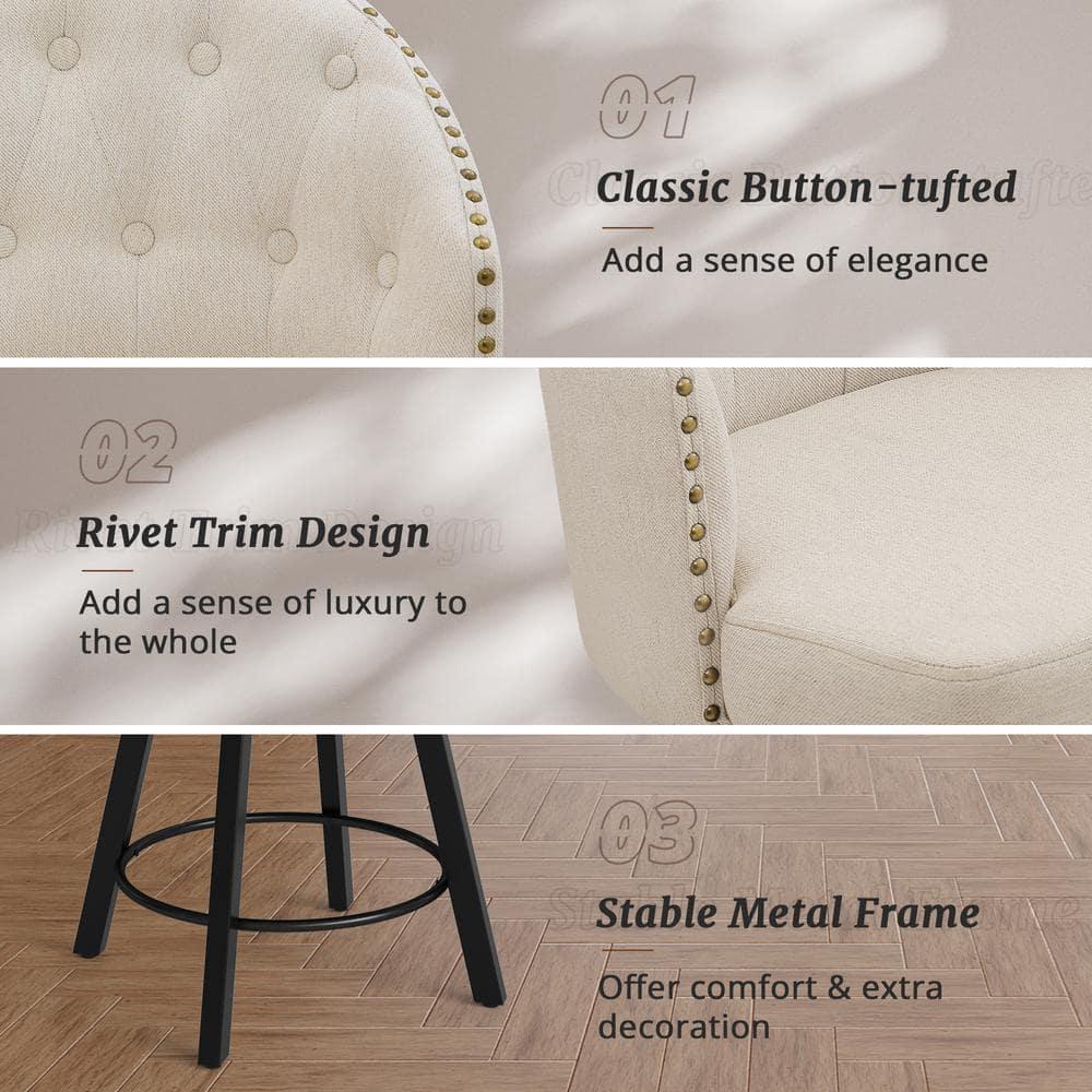 Counter Height Bar Stools Set of 3, 26" Swivel Fabric Upholstered Bar Stools with Backs and Metal Legs, Retro Counter Stools for Kitchen Island, Dining Room, Pub, Linen