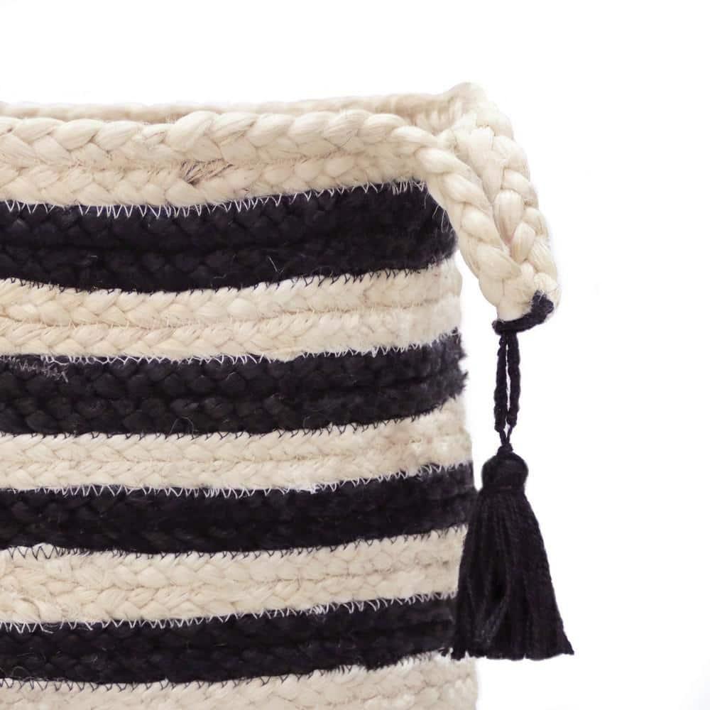 LR Home Woven Round Jute 17" Storage Basket with Handles, Black/White Multi Stripe