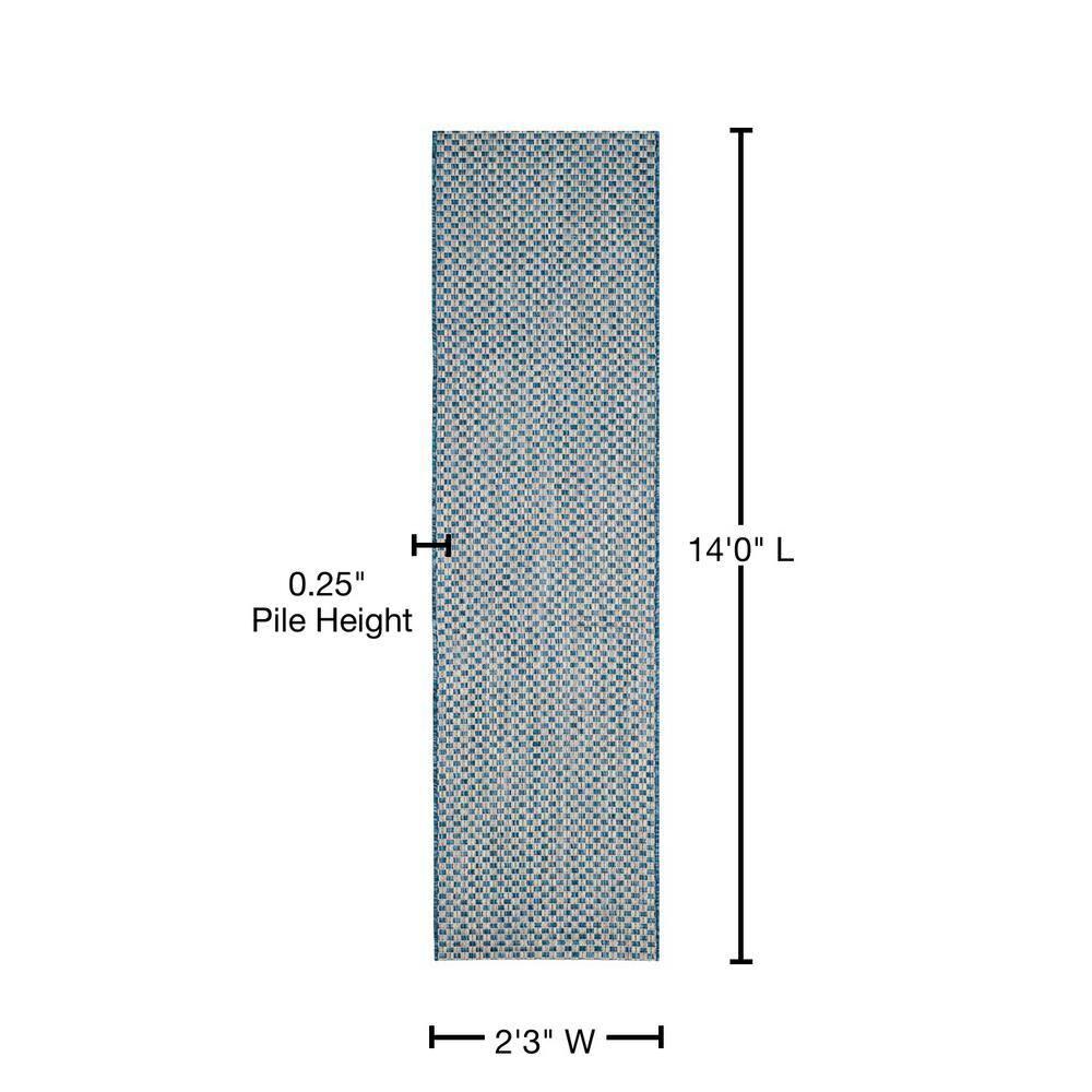 SAFAVIEH Courtyard Blair Geometric Indoor/Outdoor Runner, 2'3" x 14', Blue/Light Grey
