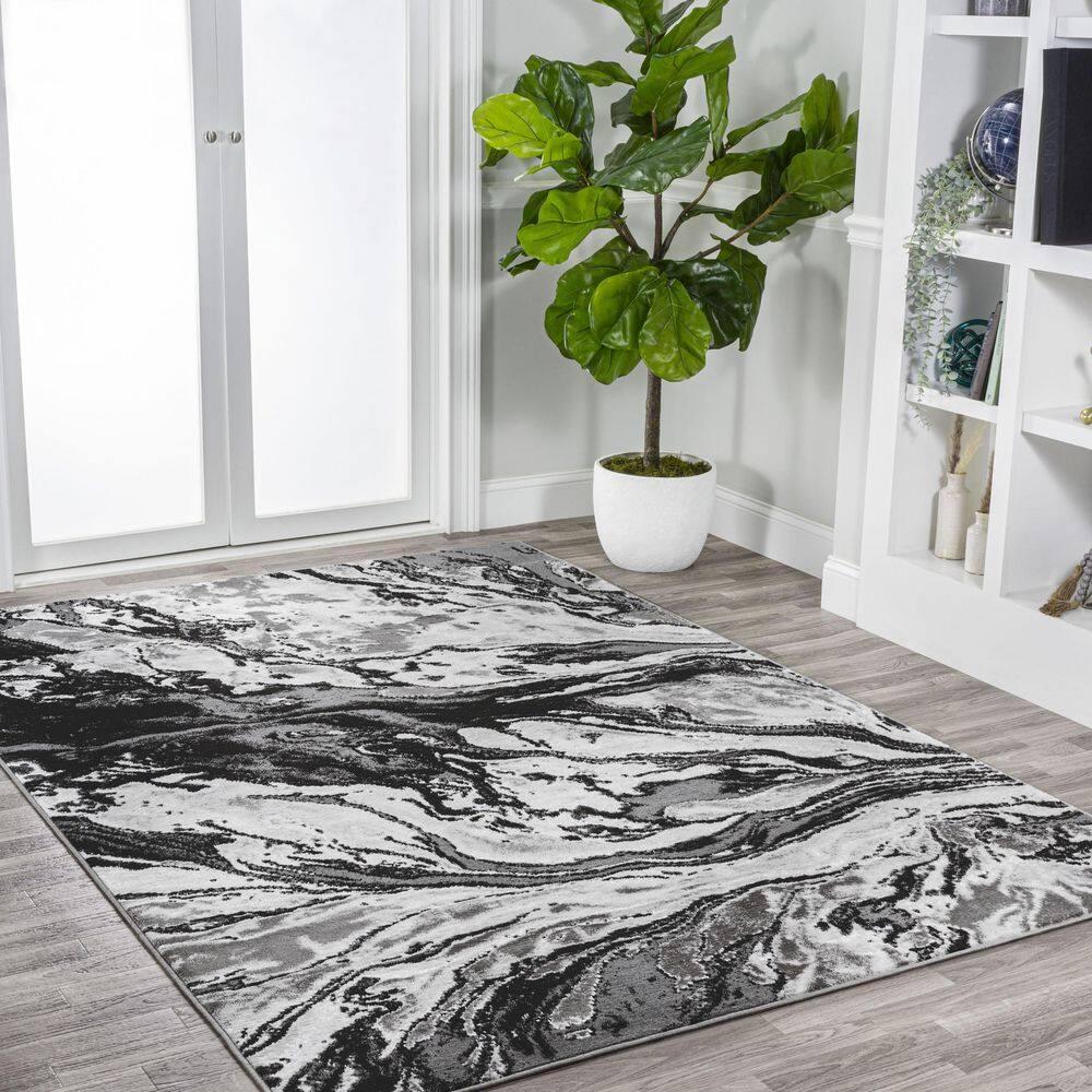 5'x8' Swirl Marbled Abstract, Black/Ivory - JONATHAN Y