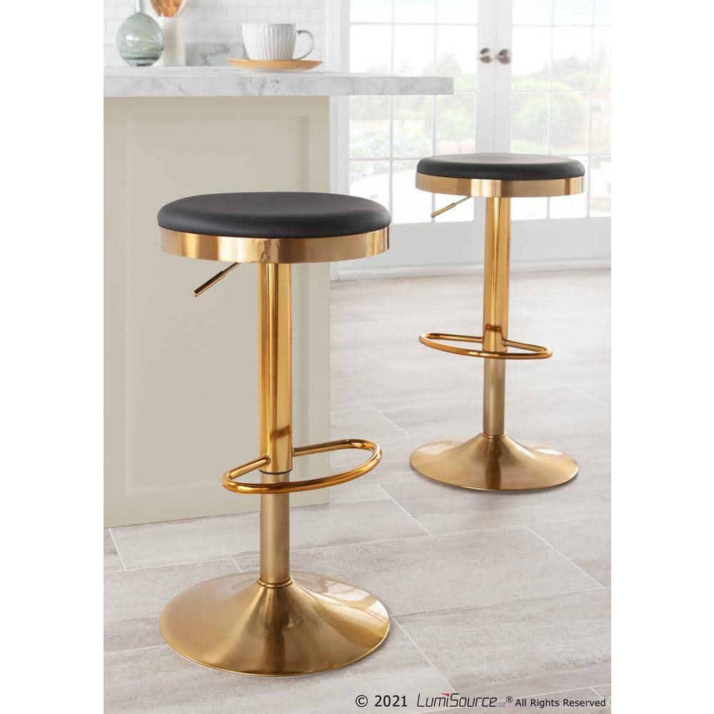 Set of 2 Dakota Glam Adjustable Barstools: Swivel, Footrest, Steel/Faux Leather - LumiSource