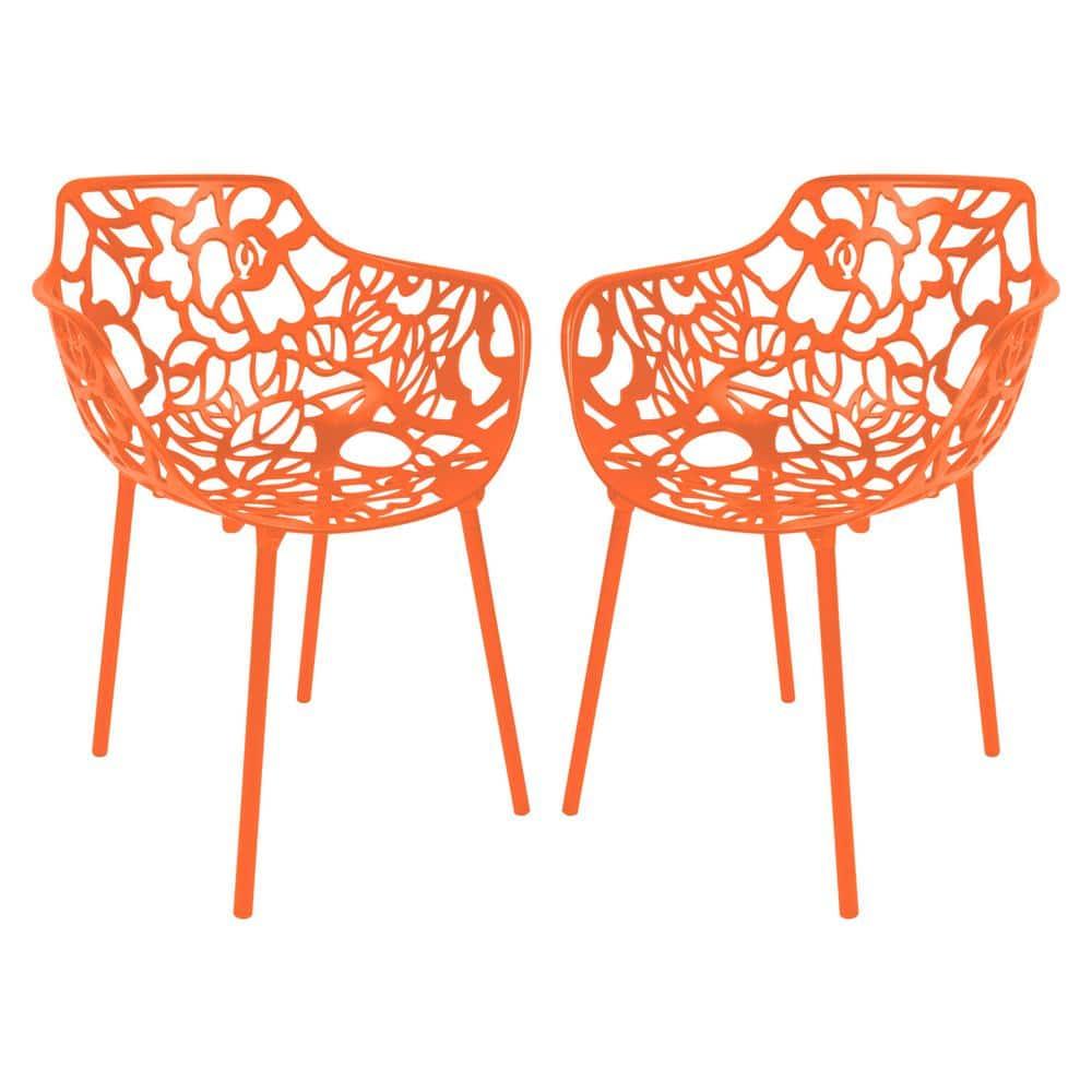 LeisureMod Devon Aluminum Stackable Outdoor Dining Armchair Set of 2, Orange