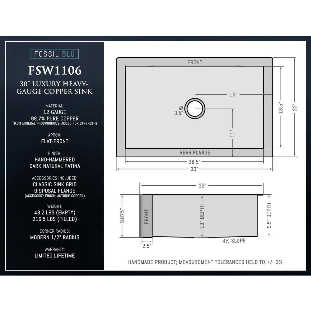 FSW1106 LUXURY 30-INCH HEAVY 12-GAUGE DARK PATINA COPPER FARMHOUSE SINK, INCLUDES ACCS, FLAT FRONT