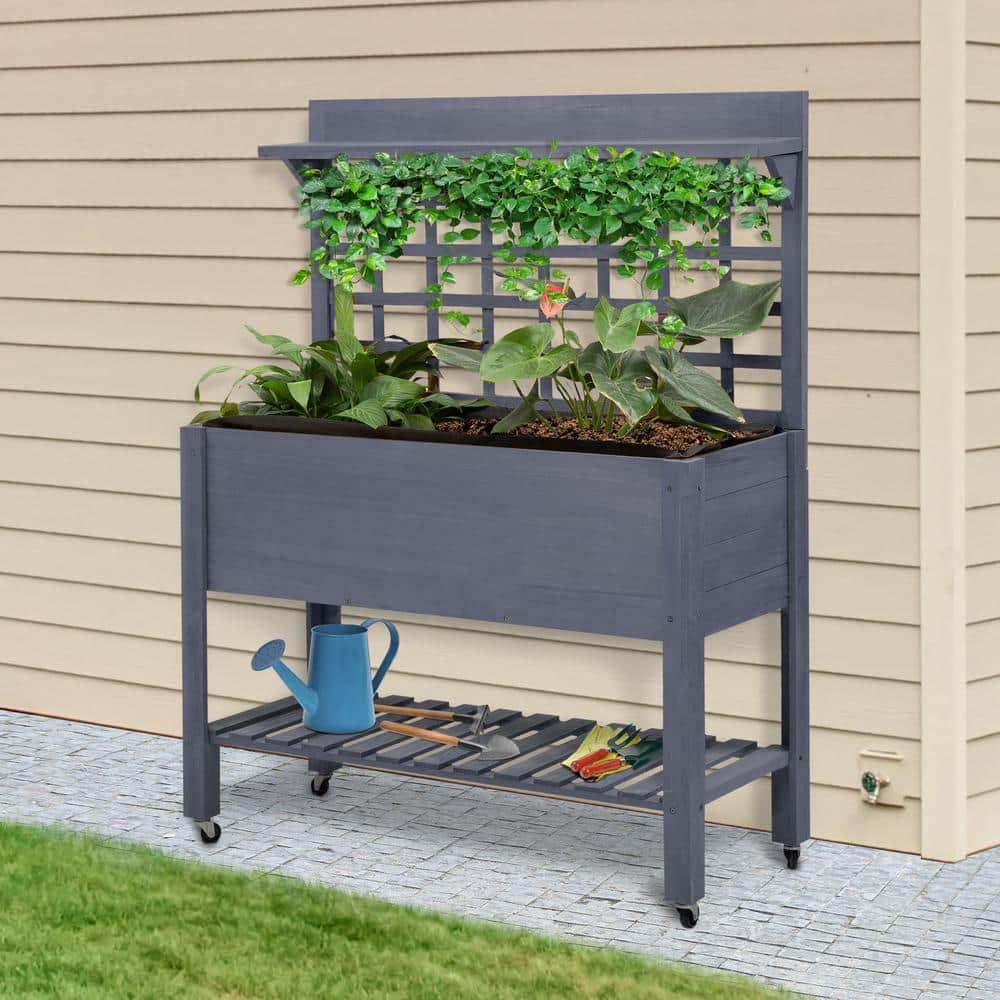 Gray Wood Raised Garden Bed with Trellis and Wheels