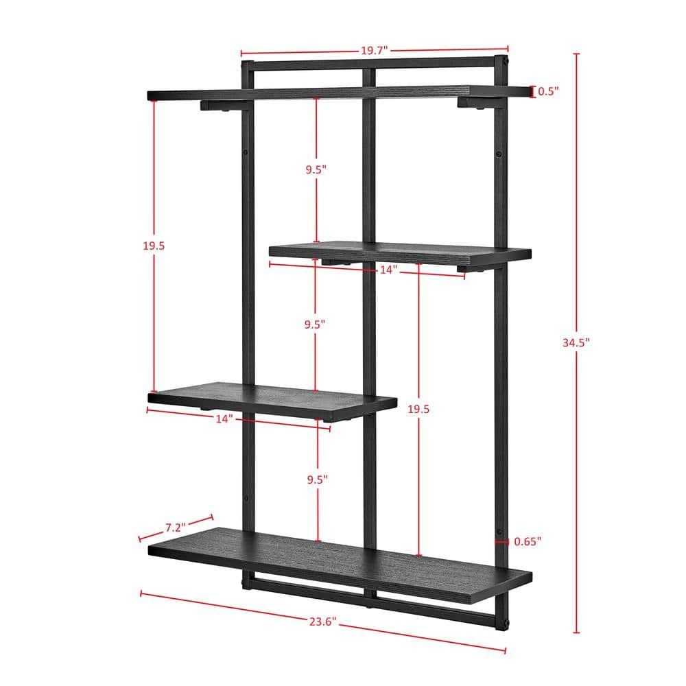 Danya B. 34.5" x 23.6" Rhodes 4 Tier Modern Floating Windowsill Wall Shelf Unit Black/Light Walnut: MDF & Iron, Open Design