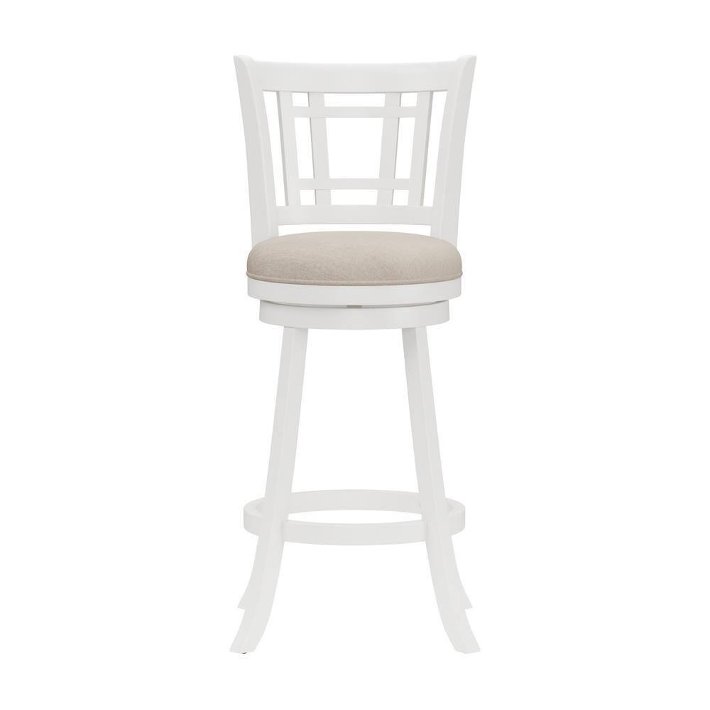 Elegant White Swivel Bar Stool with Beige Fabric Seat and Wood Accents