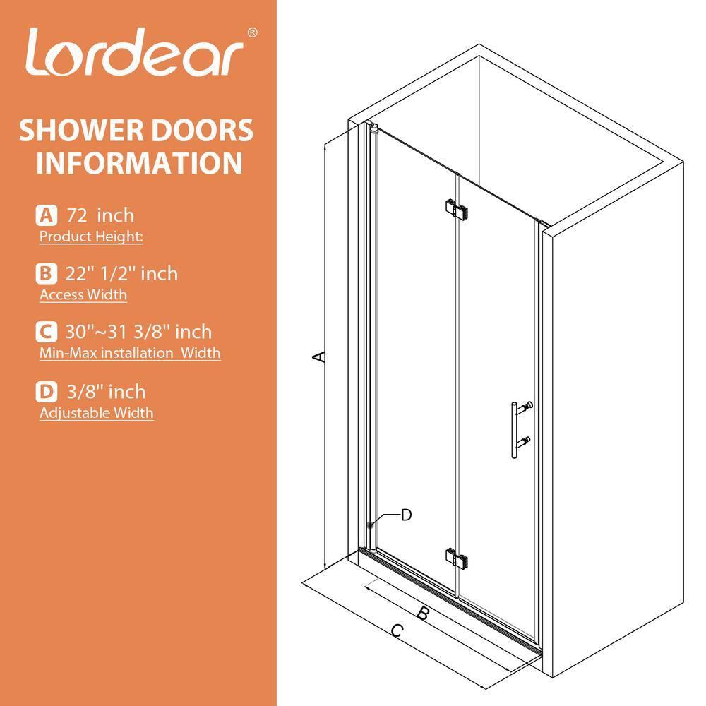 30 in.W x 72 in.H Bifold Frameless Glass Shower Door 1/4 in. Fold Glass Pivot Swing Shower Door