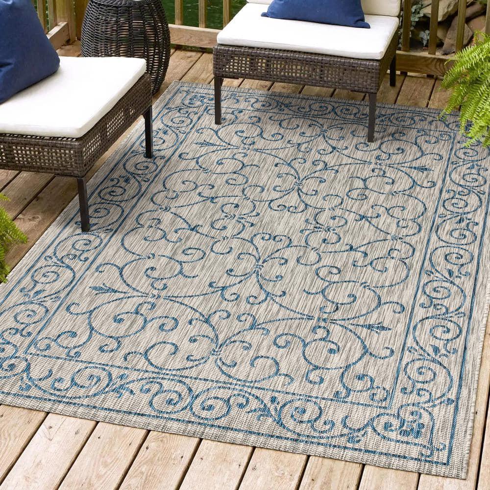 9' X 12' Charleston Vintage Filigree Textured Weave Indoor/Outdoor Area Rug, Gray/Navy - JONATHAN Y