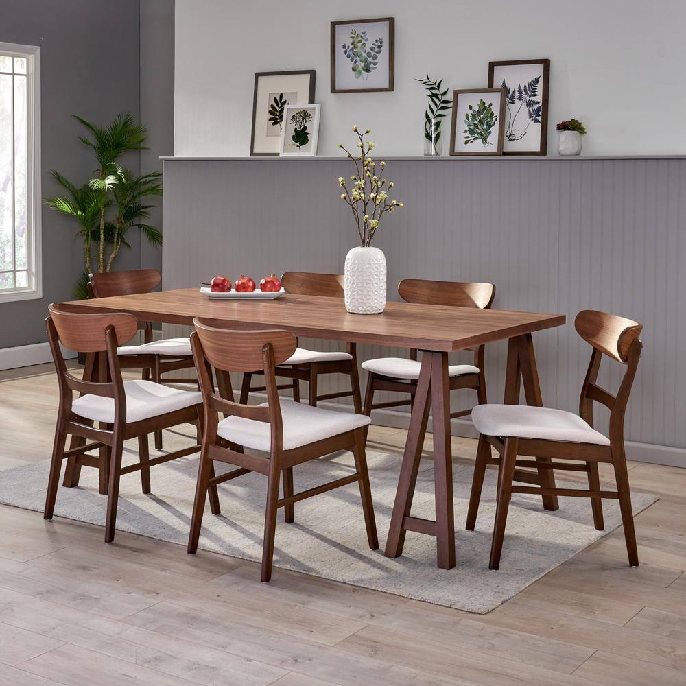 Noble House Lydia Mid-Century Modern 7 Piece Dining Set, Light Beige and Walnut