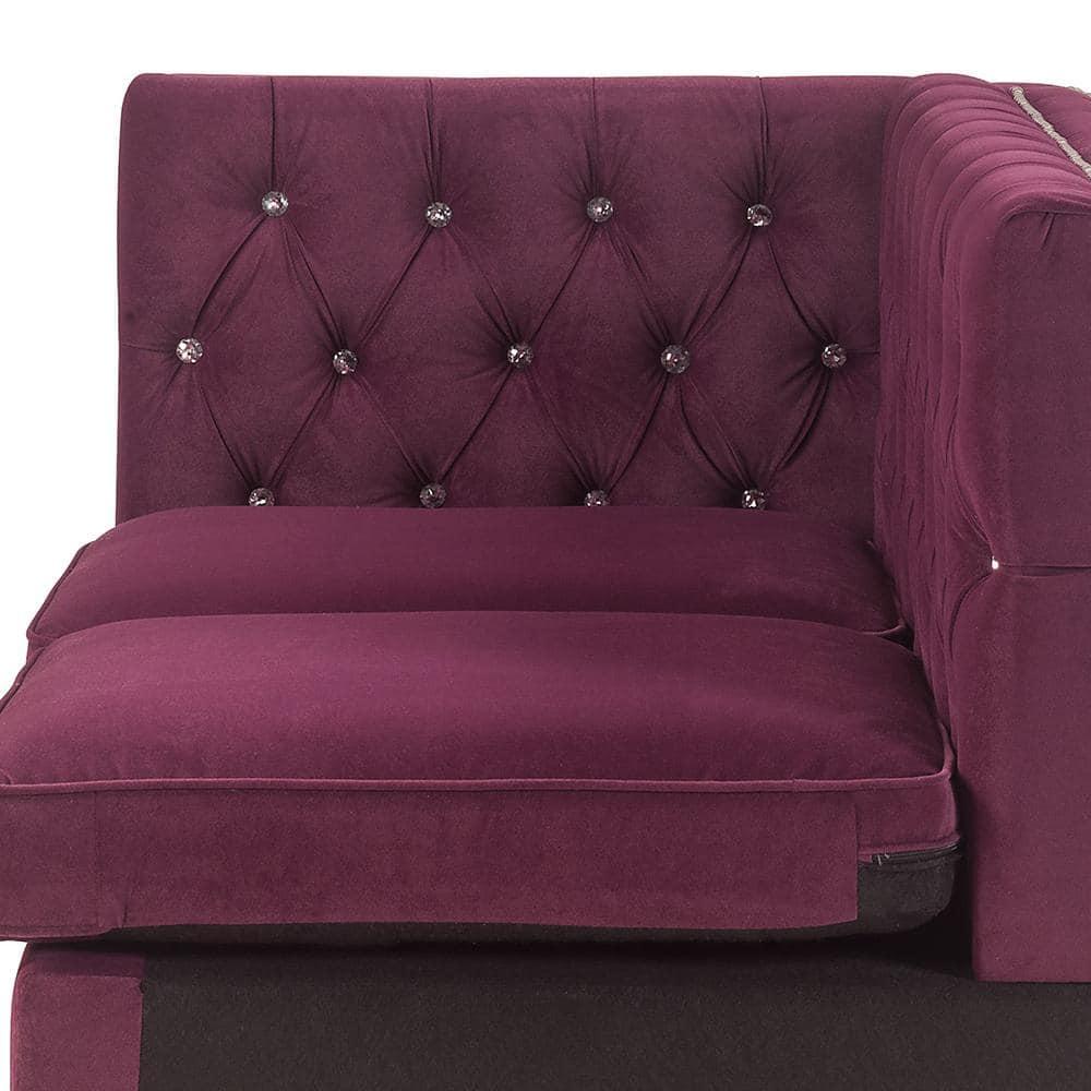 Acme Furniture Contemporary Velvet Nailhead Trim L Shaped Sectional Sofa Set Burgundy
