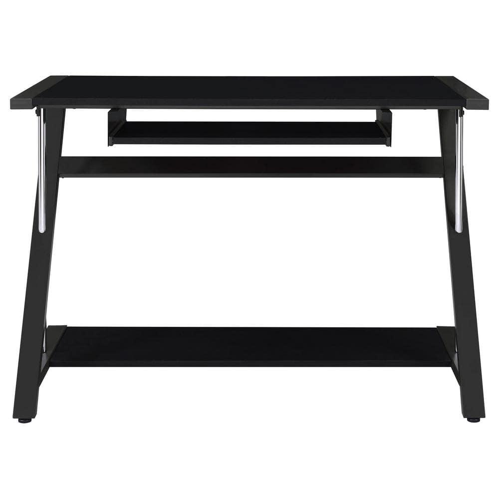 Mallet Computer Desk with Keyboard Tray & Storage Shelf Black - Coaster: Compact, Angled Silhouette, Chrome Detail